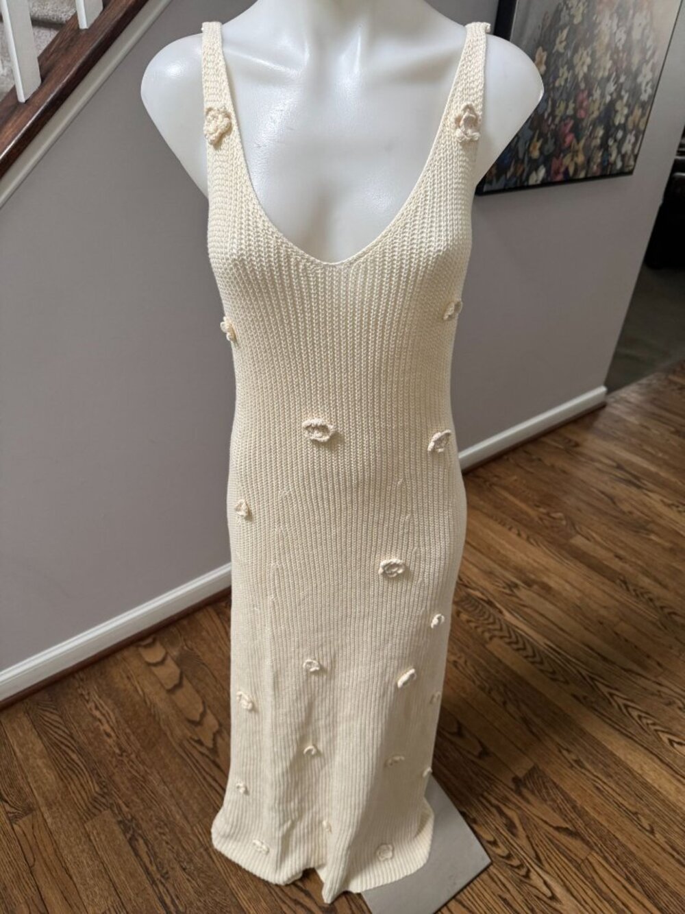 LE LIS Floral 3D Applique Rose Knit Maxi Dress Off White Size Small
